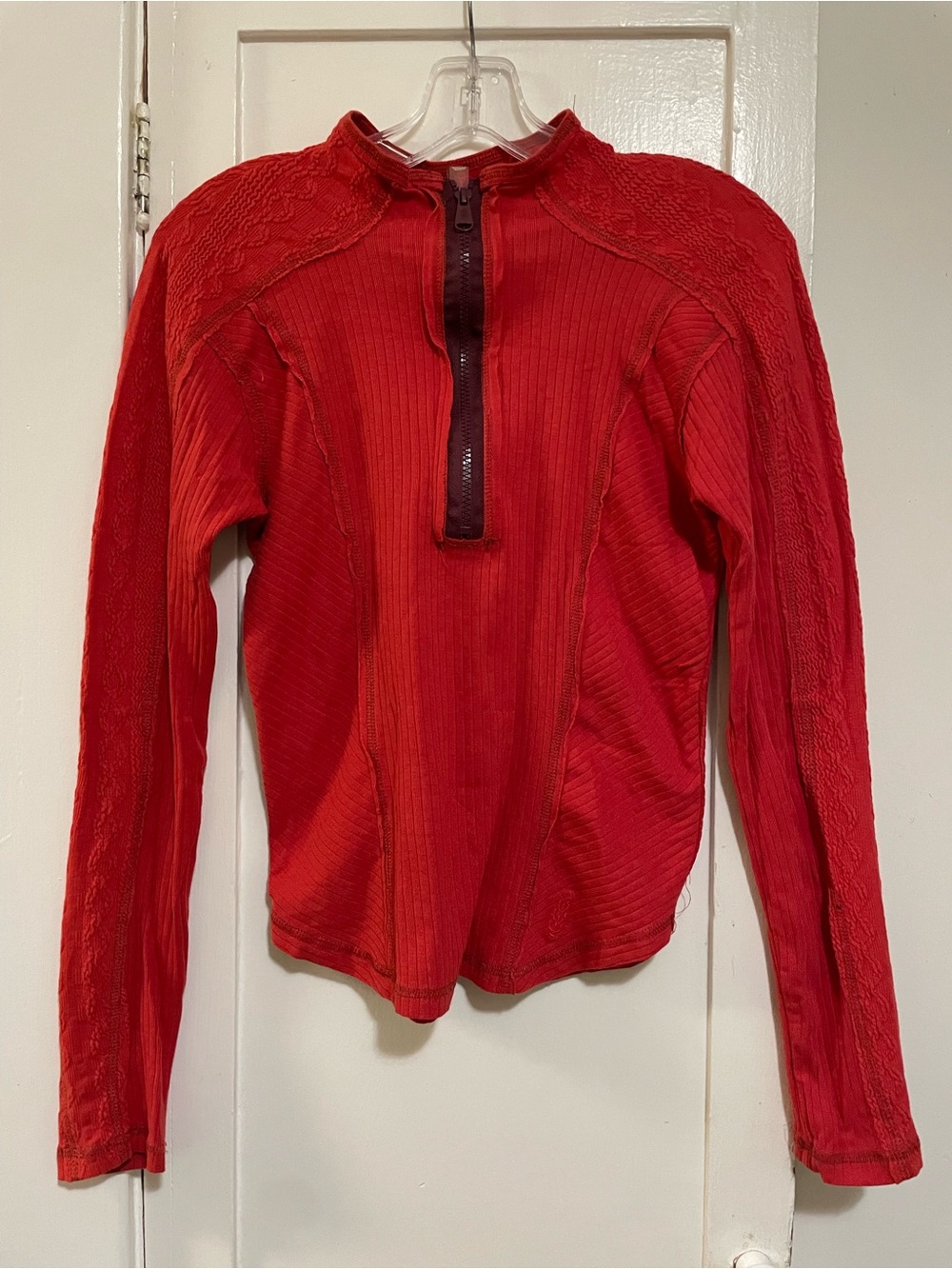 FP Movement by Free People Red Ribbed Half-Zip Long Sleeve Top size medium